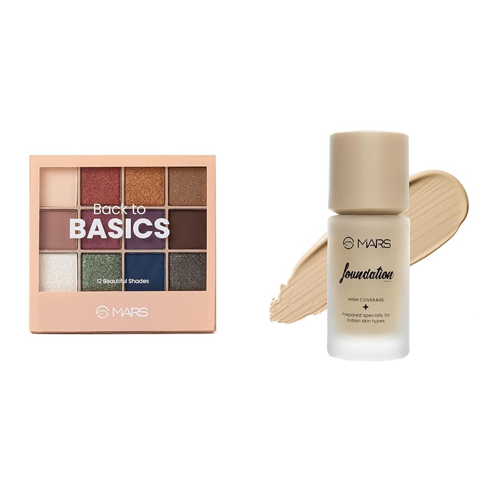 MARS 12 Shades Back to Basics Eyeshadow Palette with Free Applicator (14.4 gm) (Shade-01) High Coverage Liquid Matte Foundation | Blemish Free & Blendable Foundation for Makeup (40ml) (SHADE-03)