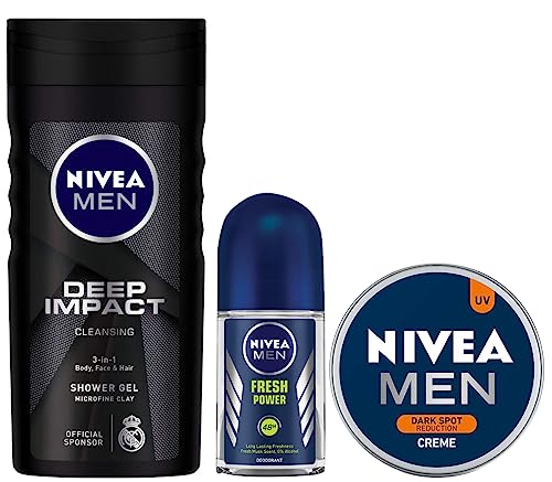 NIVEA MEN, Fresh Power, Deodorant Roll on, 50 ml & NIVEA Men Body Wash, 250 ml & NIVEA Men Crème, Non Greasy Moisturizer, Cream for Face, Body & Hands, 75 ml