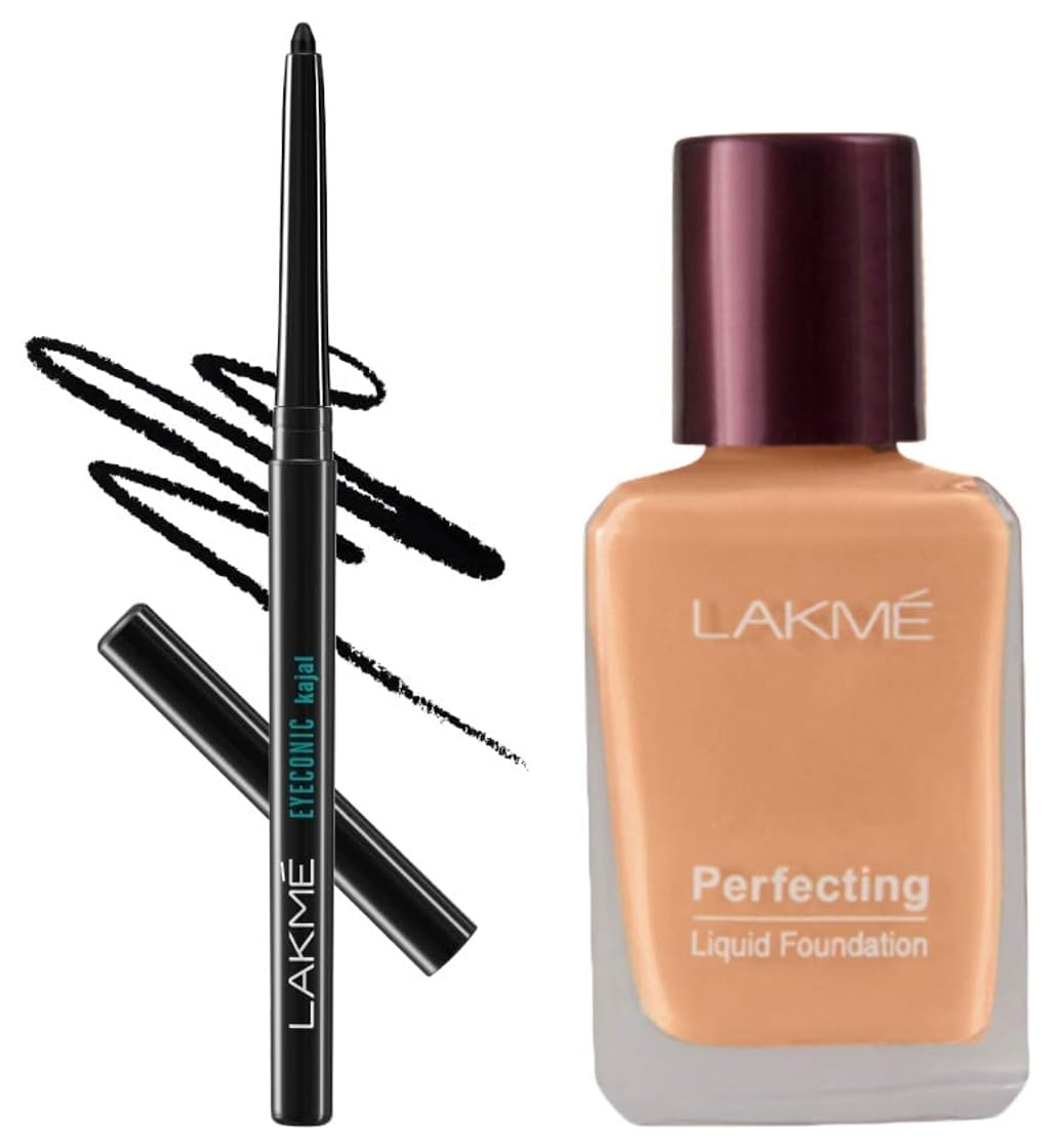 Lakmé Eyeconic Black Kajal, Matte Kohl Liner In A Twist Up Pencil - Waterproof, Smudge Proof & Long Lasting Eye Makeup, 0.35 G & Perfecting Liquid Foundation, 27Ml