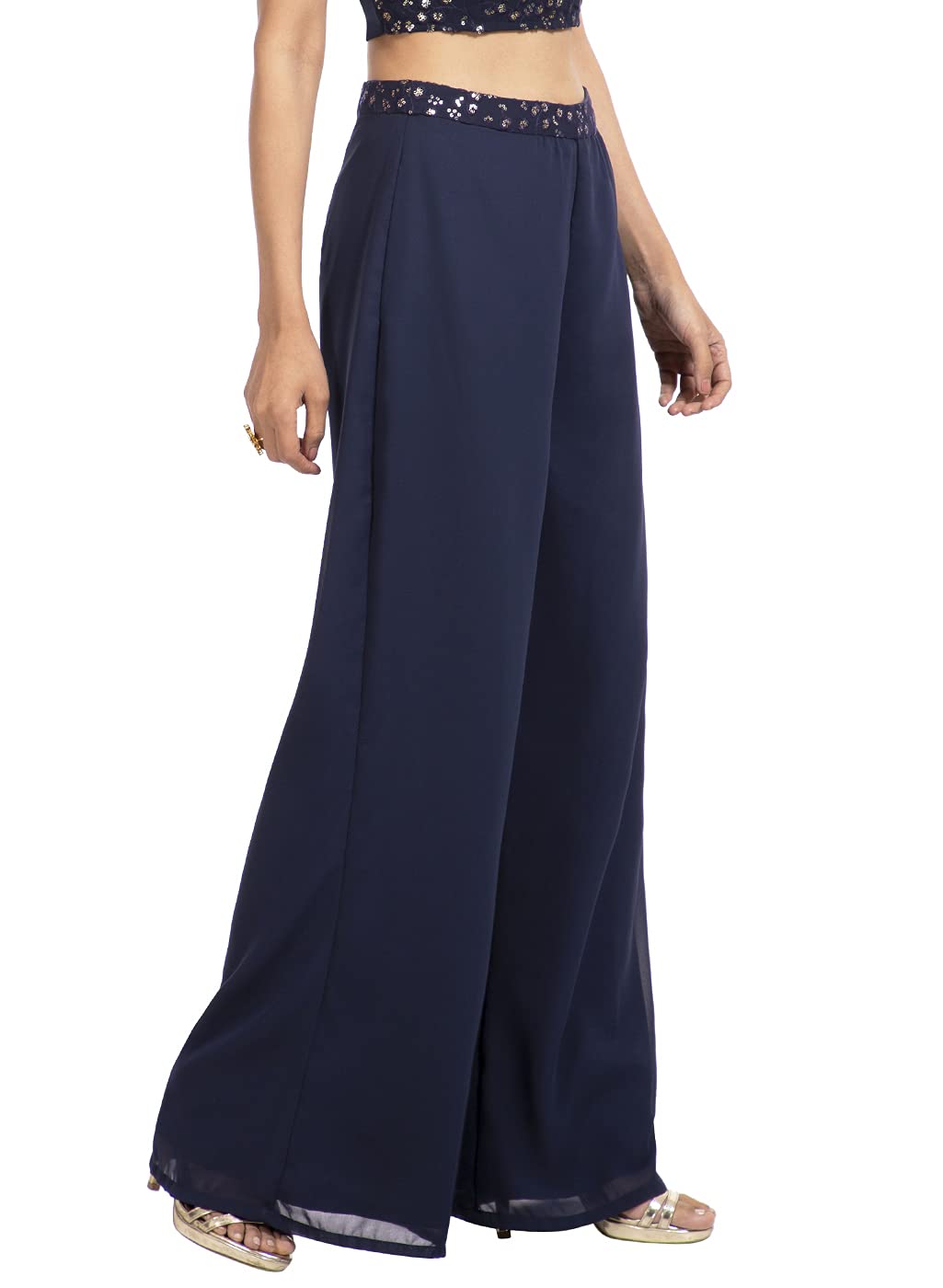 Indya Womens Solid Embellished Waist Palazzo Pants