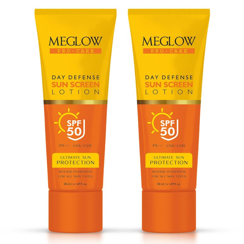Meglow SPF 50 Lotion | Broad-Spectrum Protection & Hydration | Shields Against UVA & UVB | Non-Greasy, No White Cast | Water & Sweat Resistant for Long-Lasting Defense Pack of 2 (50ml each)