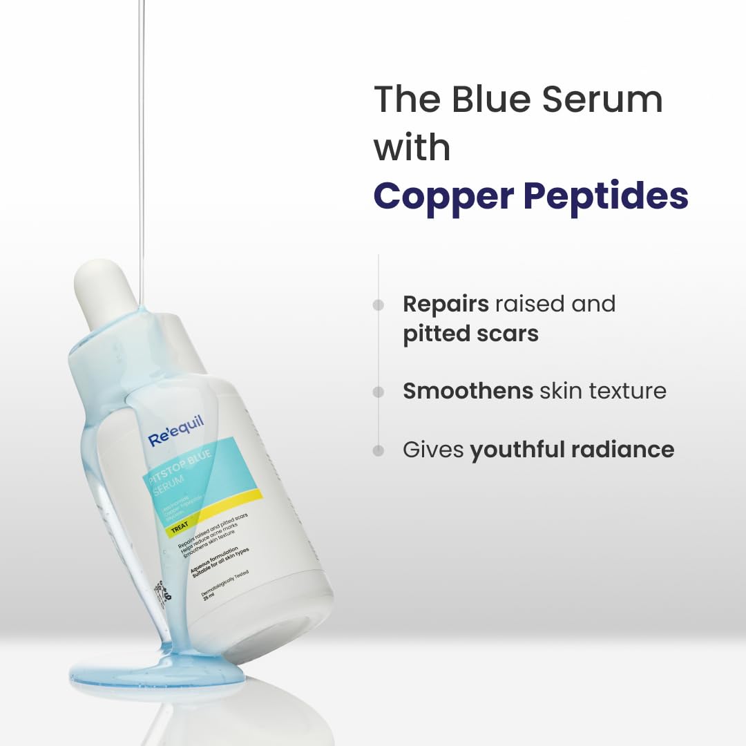 RE' EQUIL Pitstop Blue Copper Peptide Serum, Repairs Acne Scars & Pitted Marks, Evens Skin Tone & Reduces Blemishes, For All Skin Types, 25 Ml