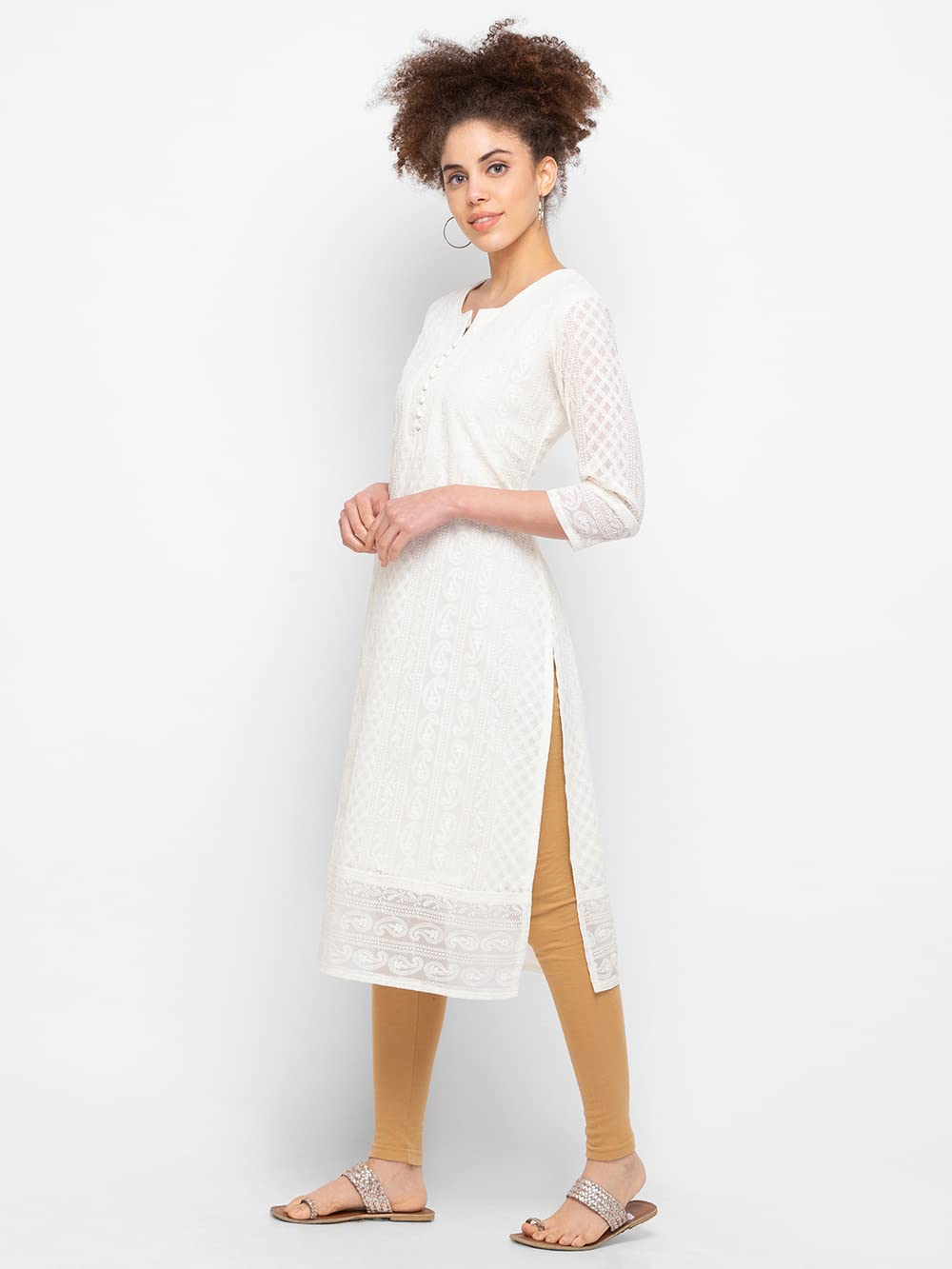 ZOLA Exclusive Georgette Round Neck with Full Sleeves and Calf Length Luckhnowi Chikan Kari Kurta with Button Placket on Yolk Ethnic Wear Straight Kurta for Women Pack of 1
