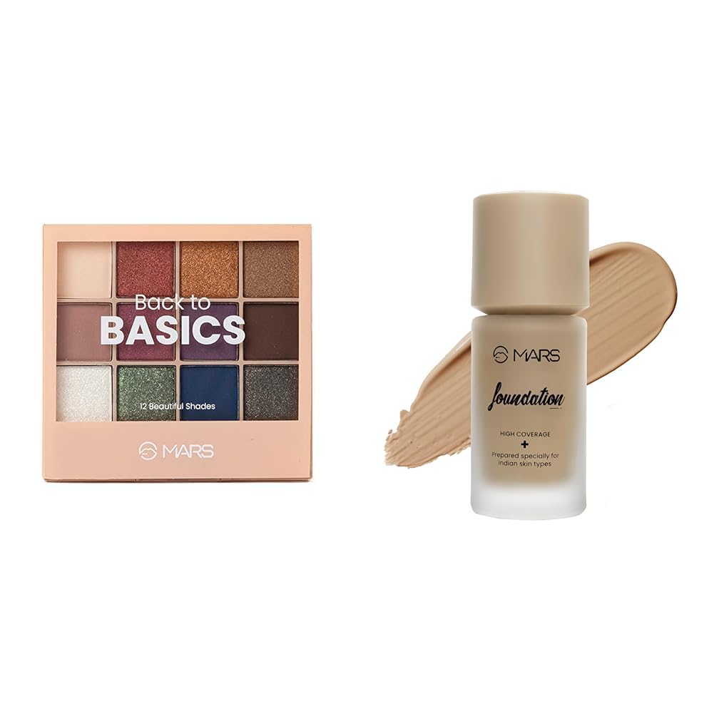 MARS 12 Shades Back to Basics Eyeshadow Palette with Free Applicator (14.4 gm) (Shade-01) High Coverage Liquid Matte Foundation | Blemish Free & Blendable Foundation For Makeup (40Ml) (Shade-05, All)