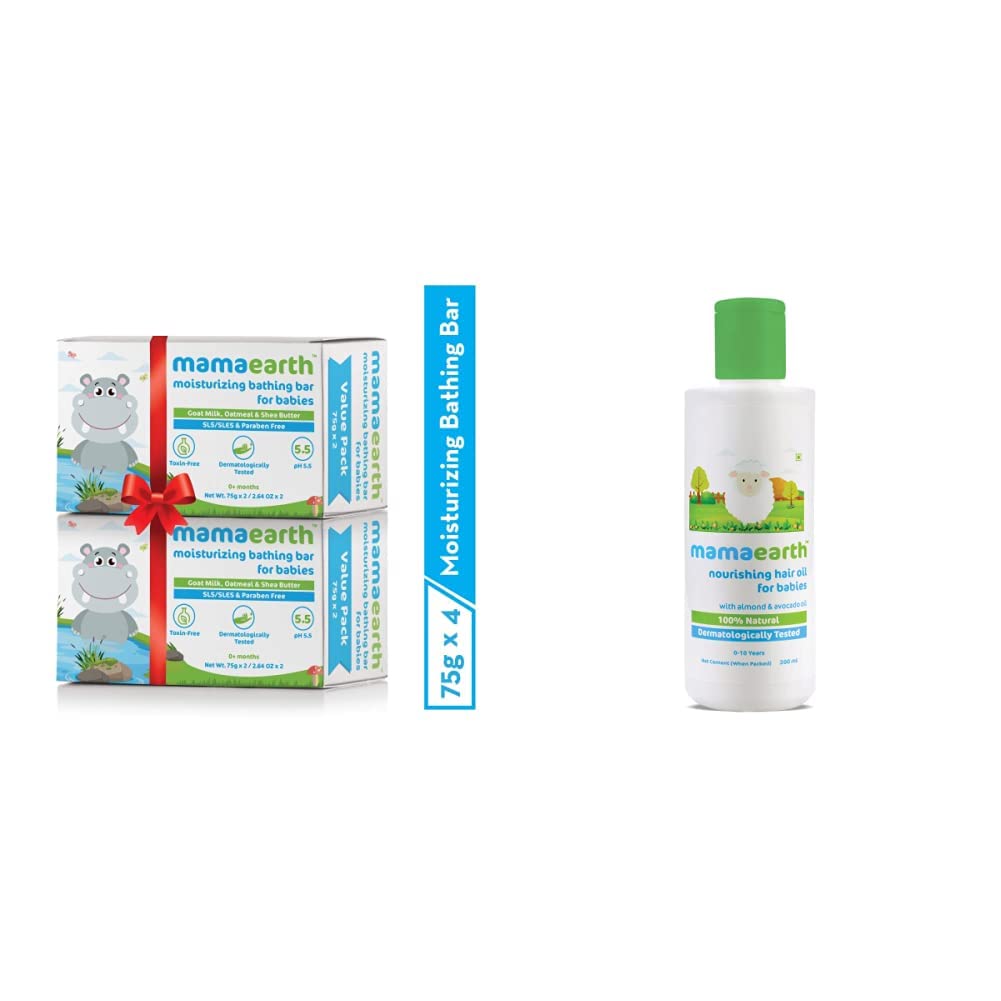 Mamaearth Bathing Bar For Babies - Pack Of 4&Mamaearth Nourishing Baby Hair Oil, With Almond & Avocado Oil - 200 Ml