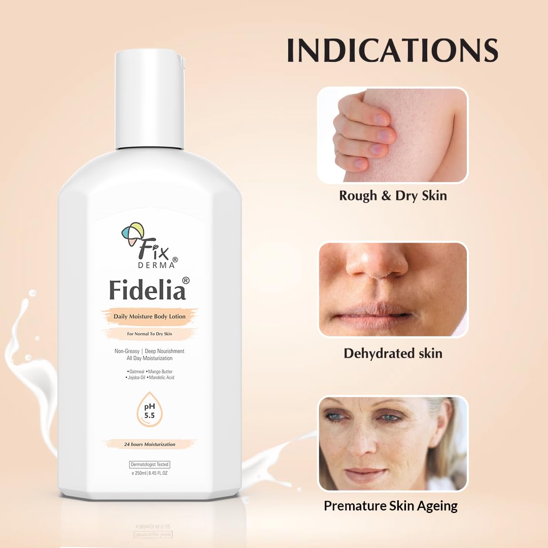 Fixderma Fidelia Daily Moisture Body Lotion | Moisturizer for Face & Body | Body Lotion for Winter | Body Lotion for Women & Men | Body Lotion for Dry Skin with Jojoba Oil & Oatmeal - 250Ml