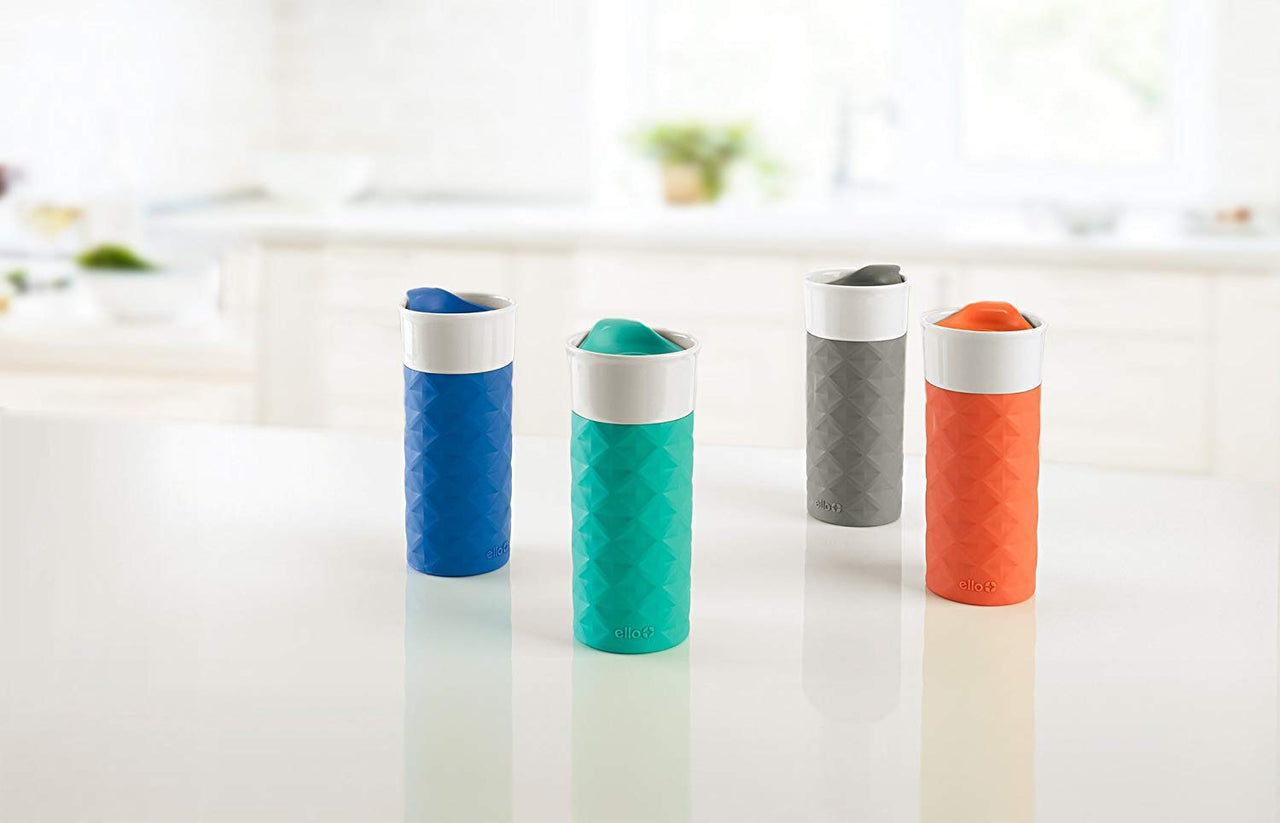 Ello Ogden Ceramic Travel Mug with Splash-Resistant Slider Lid and Protective Silicone Boot, Perfect for Coffee or Tea, BPA Free, Dishwasher Safe, Gray, 16 oz