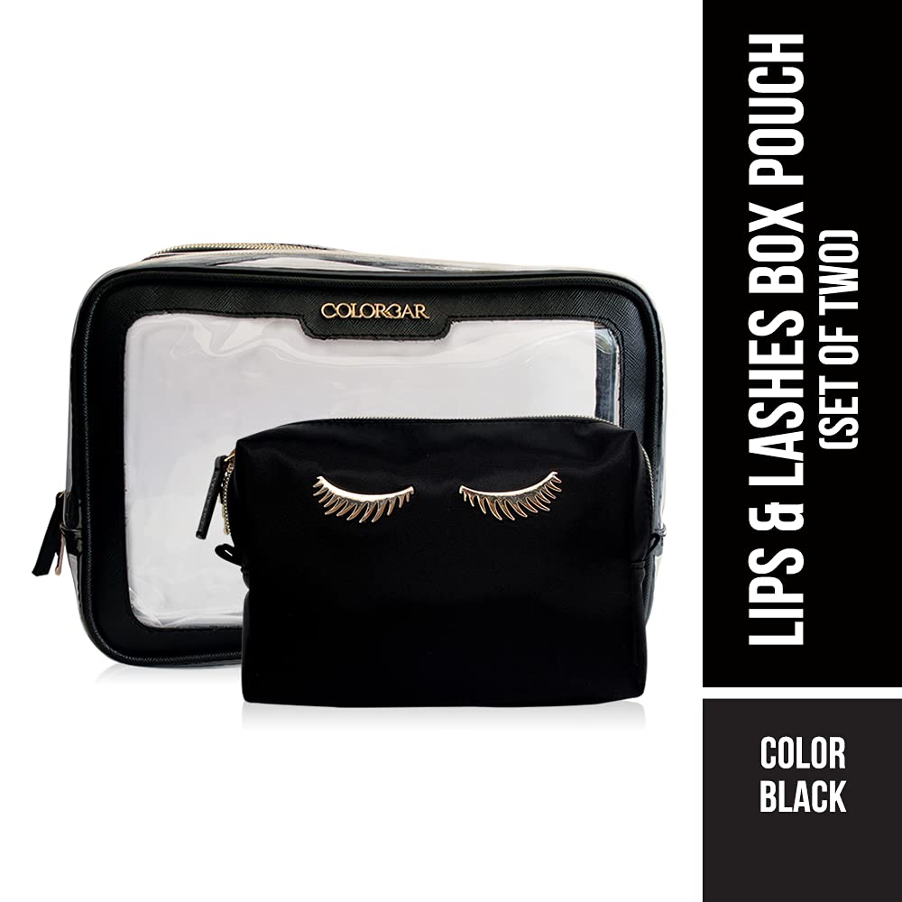 Colorbar LIPS & LASHES BOX POUCH(SET OF TWO) - BLACK II 1 Large Main Compartment + Small Black Pouch II Metallic Embellishments and Zipper II PVC + Polyester material