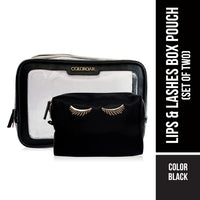 Colorbar LIPS & LASHES BOX POUCH(SET OF TWO) - BLACK II 1 Large Main Compartment + Small Black Pouch II Metallic Embellishments and Zipper II PVC + Polyester material
