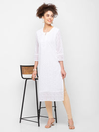 ZOLA Exclusive Georgette Round Neck with Full Sleeves and Calf Length Luckhnowi Chikan Kari Kurta with Button Placket on Yolk Ethnic Wear Straight Kurta for Women Pack of 1