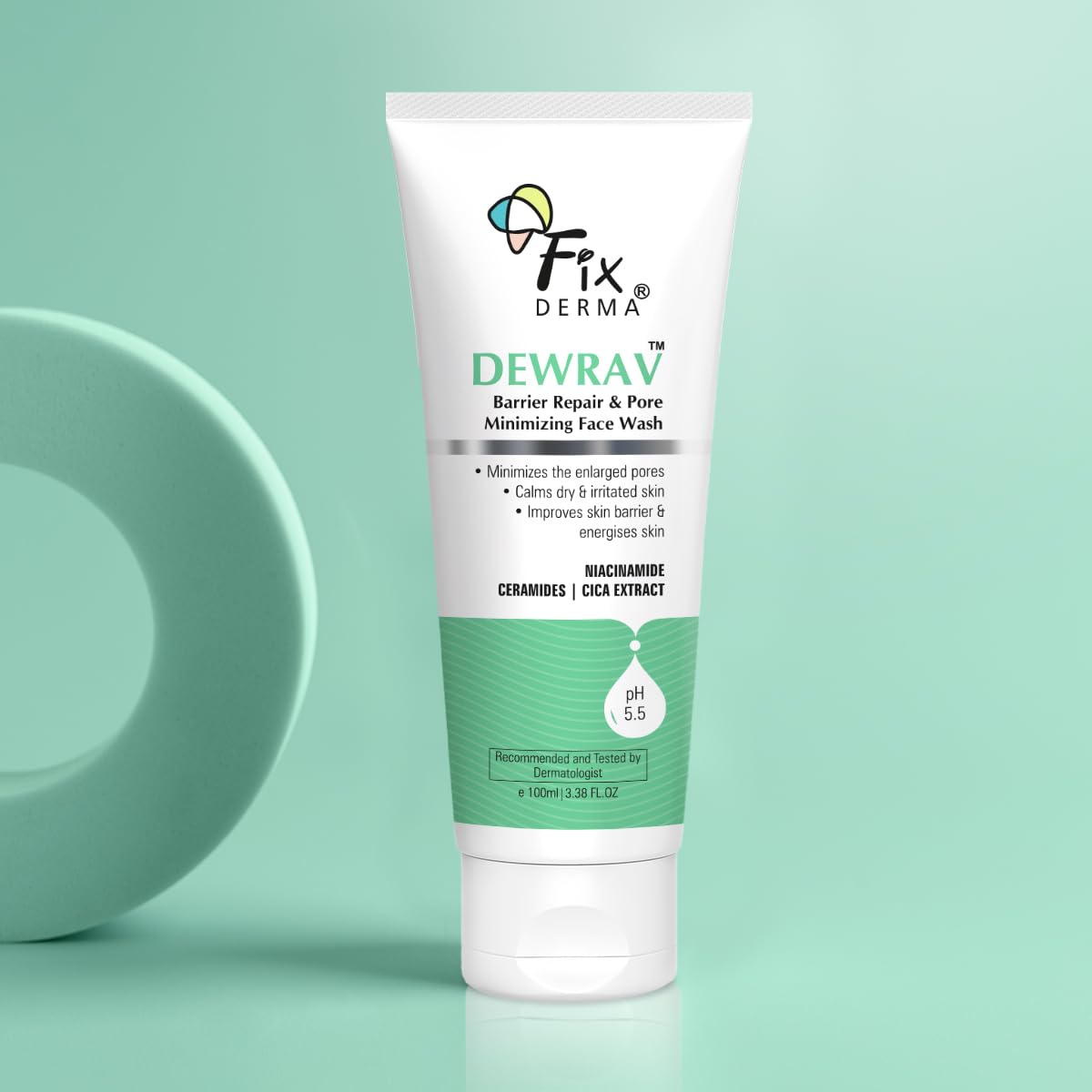 Fixderma Dewrav Barrier Repair & Pore Minimizing with 2% Niacinamide Face Wash | Cica Extract & Ceramide Improves Skin Barrier & Soothes Irritated Skin | For Normal, Dry & Sensitive Skin | 100Ml