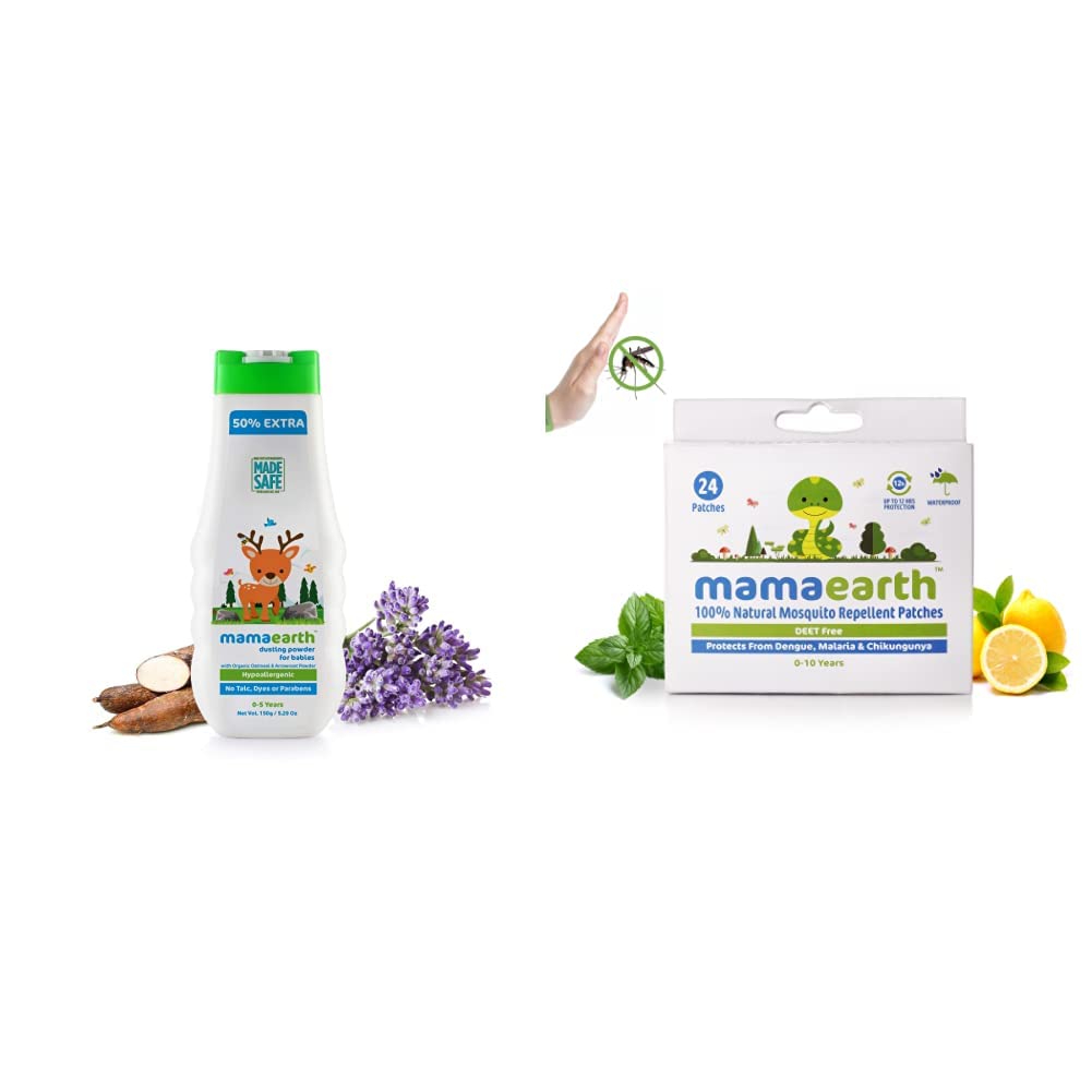 Mamaearth dusting Powder with Organic Oatmeal & Arrowroot Powder 150g & Mamaearth Natural Repellent Mosquito Patches for Babies, 24 Patches