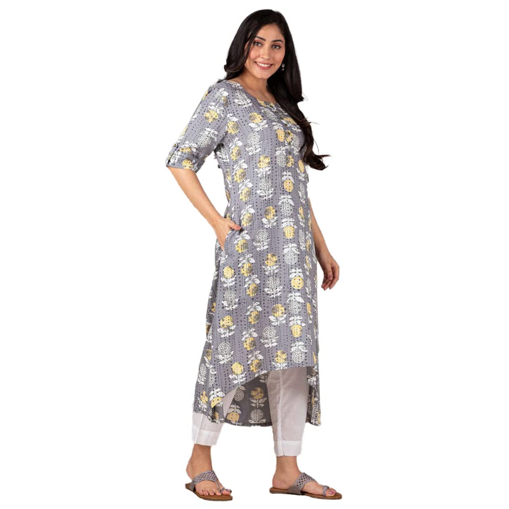 in. fuse by Shoppers Stop Printed Rayon Round Neck Womens Hi Low Kurta