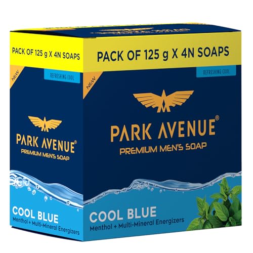 Park Avenue Premium Men’s Soaps for Bath – Cool Blue | 125g (Pack of 4) | Menthol & Mineral Energizer | Grade 1 Soap | For All Skin Types