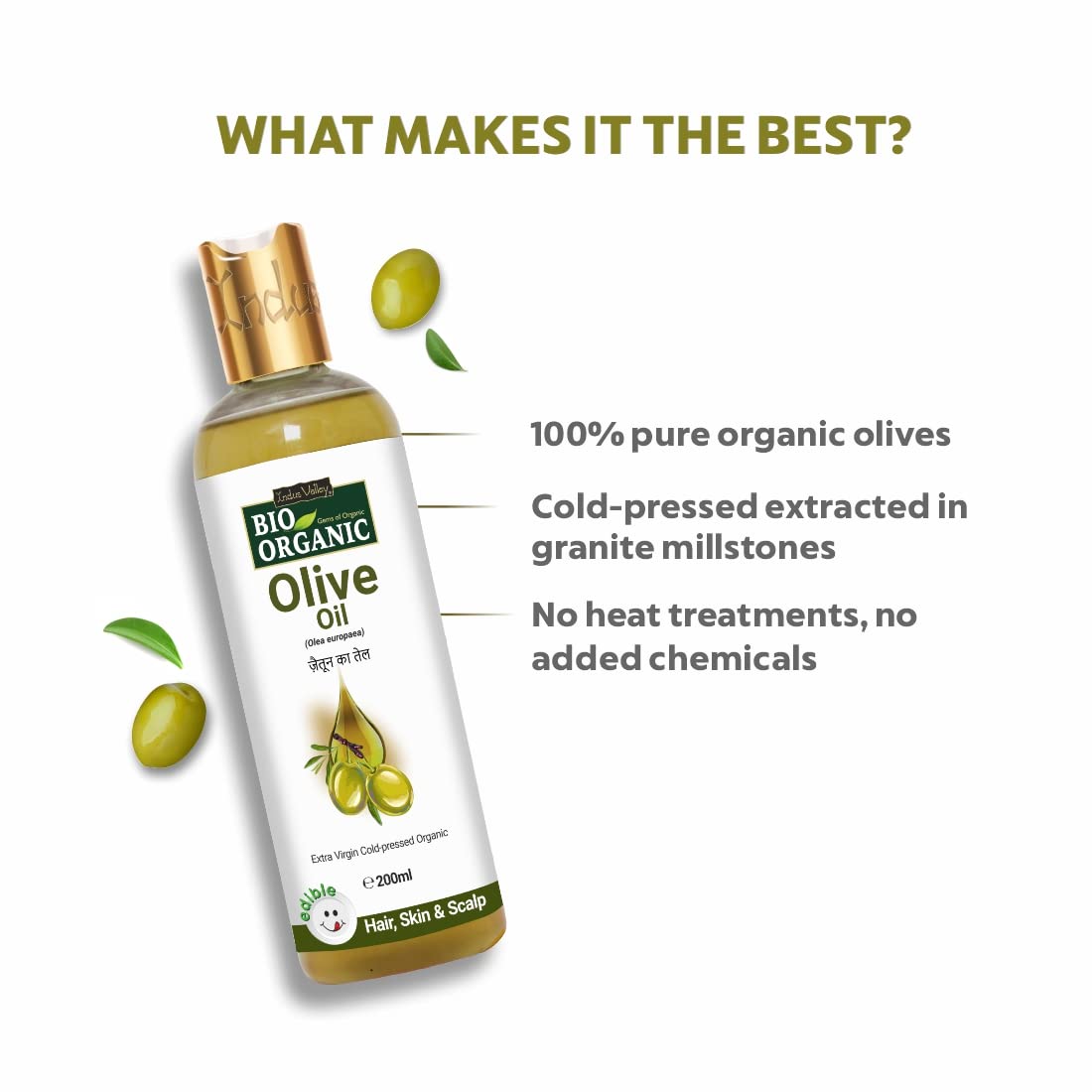 Indus Valley Bio Organic Pure Extra Virgin Olive 100% Organic and Cold-press, Massage Oil for Skin & Hair Care - (200ml)