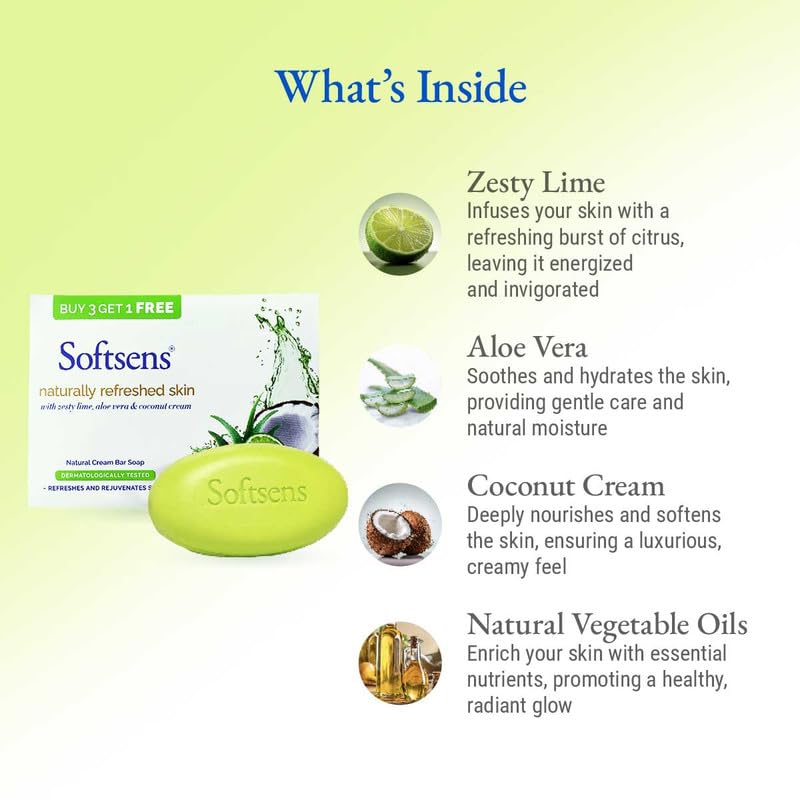 Softsens Naturally Refreshed Skin Cream Bar Soap Made with 100% natural vegetable oil and Zesty Lime, Coconut cream | Daily-Use Bathing Bar Parabens, SLS, SLES & Phthalates Free Pack of 4(100g x 4)