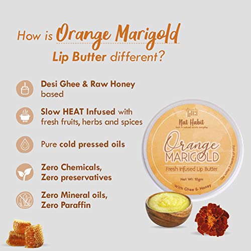 Nat Habit Orange Marigold Lip Balm Fresh Infused Lip Butter With Desi Ghee & Raw Honey For Lip Pigmentation, Lightening, Lip Repair, Dark And Chapped Lips (10gm)
