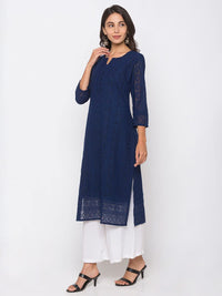ZOLA Exclusive Georgette Round Neck with 3/4Th Sleeves and Calf Length Luckhnowi Chikan Kari Kurta with Button Placket On Yolk Ethnic Wear Straight Kurta for Women