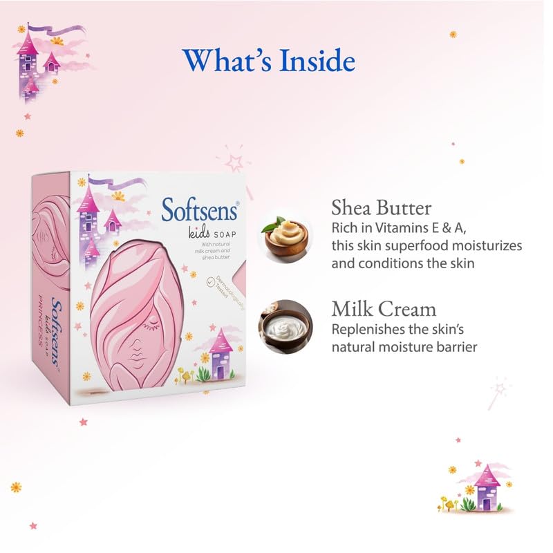 Softsens Kids Princess Soap| Grade 1 Soap| Infused Shea Butter & Milk Cream |Dermatologist Tested| Shape Soap (Pack of 4,75g each)