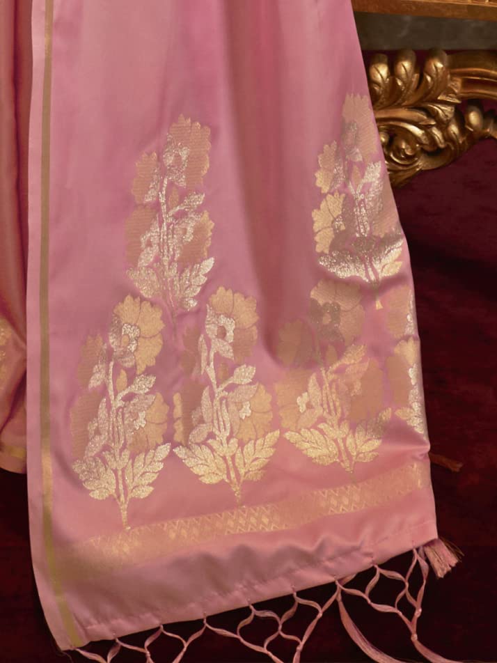 AKHILAM Women's  Banarasi Pure Silk Floral Golden Zari Work Woven Design Border Saree with Unstitched Blouse Piece(KSBLE2240_Parent)