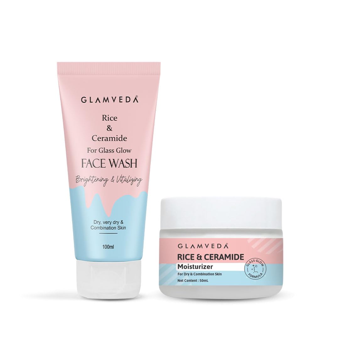 Glamveda Korean Glass Skin Combo | Rice Face Wash & Rice Moisturizer | Skin Brightening, Hydrate, Glowing & Evens Skin Tone | For Dry & Sensitive Skin Types | Men & Women | Dermatologist Tested