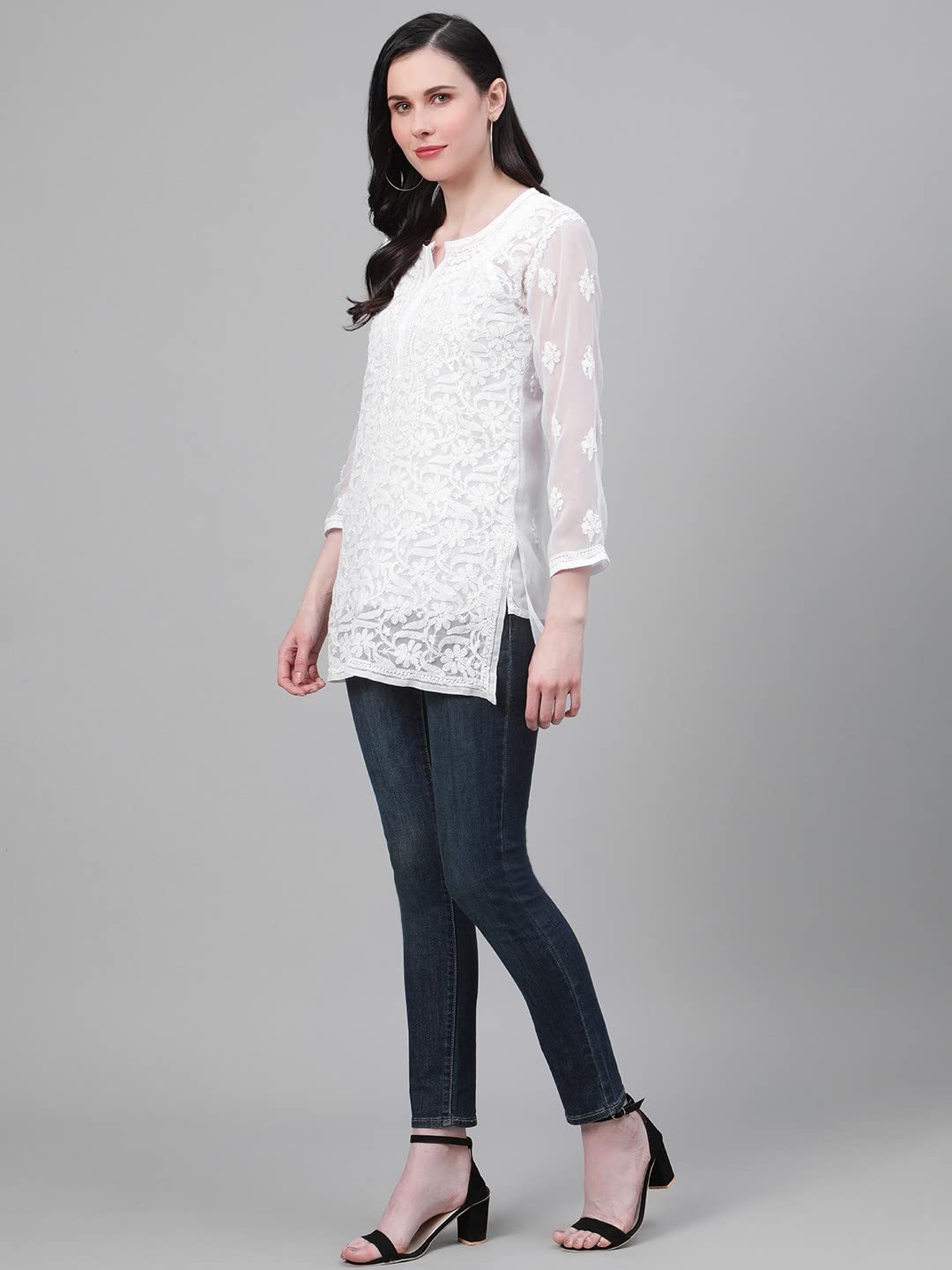 Ada Women's  Hand Embroidered Lucknowi Chikankari Georgette Short Top Kurti with Slip