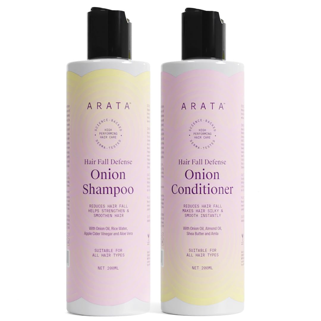 Arata Hair Fall Defense Onion Combo (Onion Shampoo 200 ML & Onion Conditioner 200 ML) Reduces Hair Fall | Makes Hair Silky & Smooth Instantly | With Onion Oil, Shea Butter, Rice Water and Amla