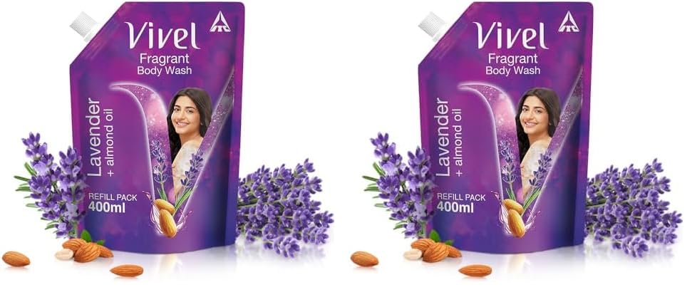 Vivel Fragrant Body Wash, Lavender & Almond Oil Shower Gel, 400 ml Supersaver Refill Pouch, Moisturizing Bodywash, Soft & Smooth Skin, Effective Cleansing, For Women & Men (Pack of 2)