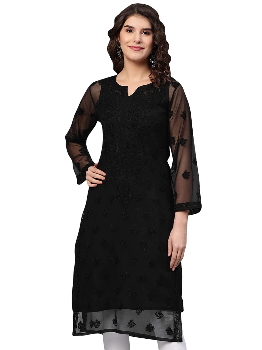 Ada Lucknowi Hand Embroidered Chikankari Women's  Georgette Kurta Kurti with Slip