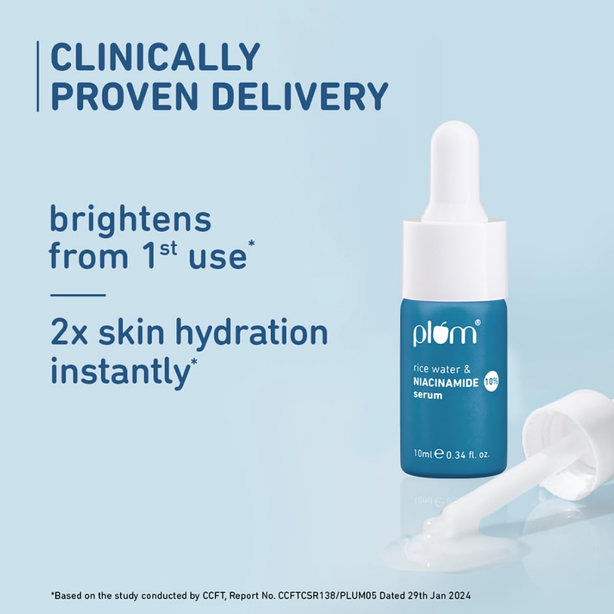 Plum 10% Niacinamide Serum with Rice Water | Provides Clear, Glowing & Brightening Skin | for Acne Prone, Combination, Oily & Sensitive Skin | Oil Control & Anti Acne Face Serum for Women & Men | 10ml