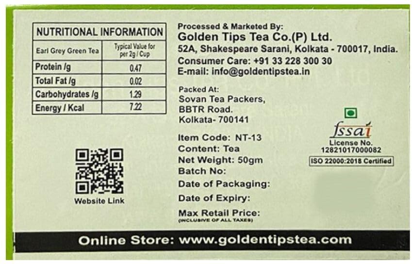 Golden Tips 100% Pure Indian Earl Grey Bergamot Flavoured Green Tea Bags Box (50gm- 25 Tea bags)