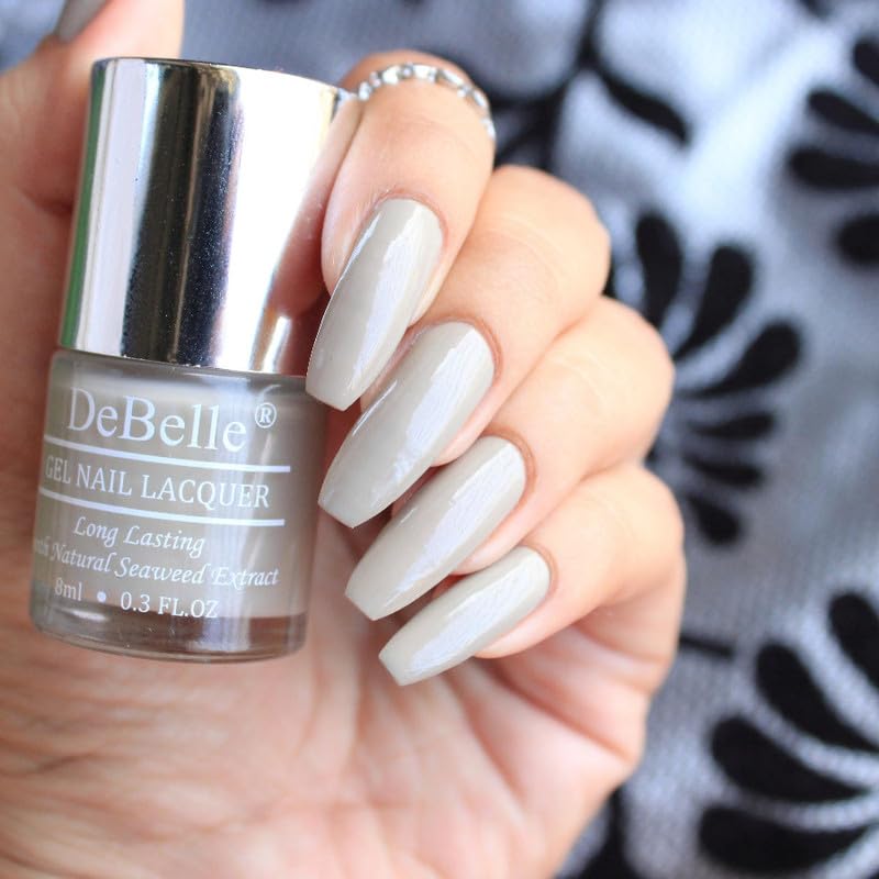 DeBelle Gel Nail Polish Moonstone Bloom (Grey Taupe Nail Paint)|Non UV - Gel Finish |Chip Resistant | Seaweed Enriched Formula| Long Lasting|Cruelty and Toxic Free| 8ml Glossy Finish