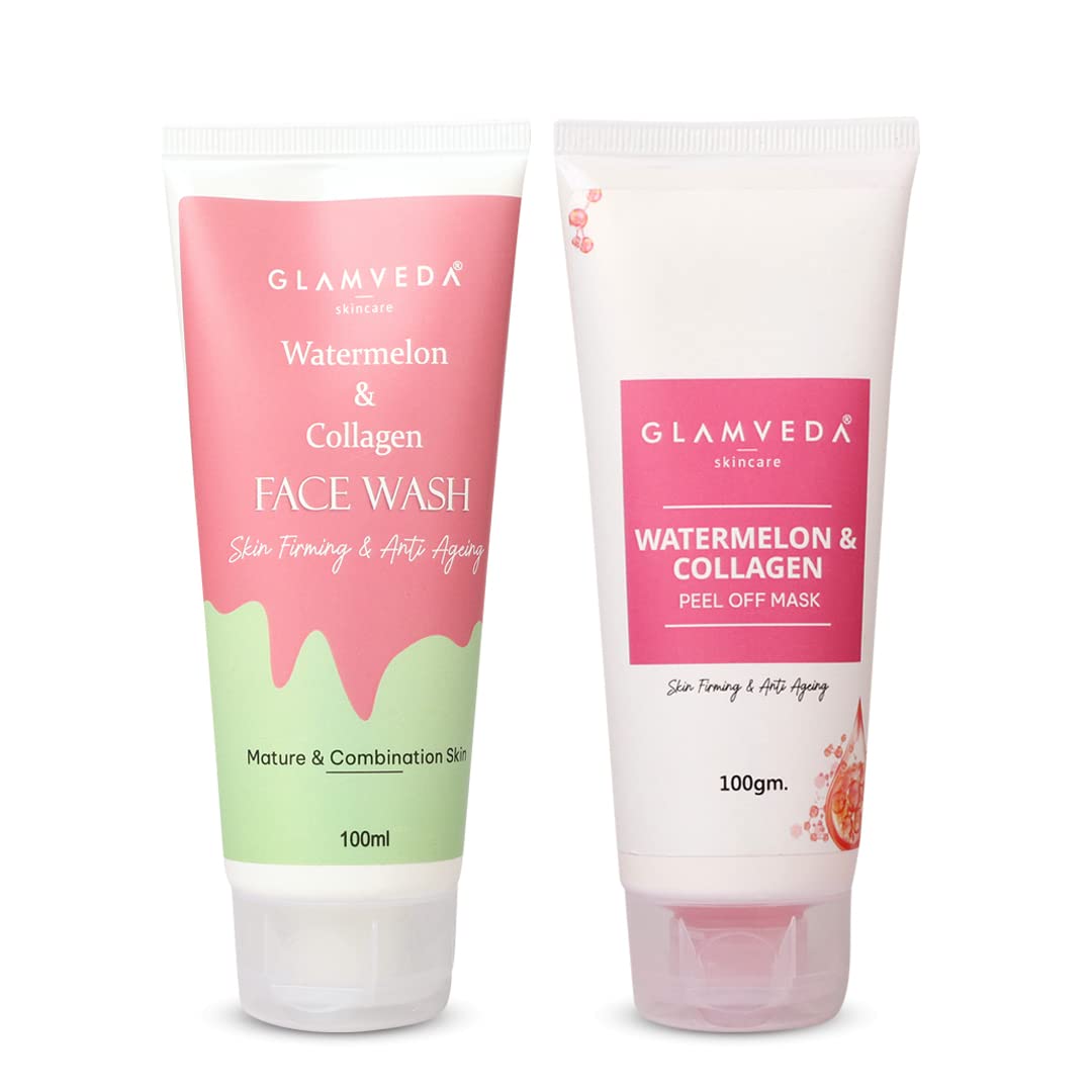 Glamveda Watermelon & Collagen Anti Ageing Combo | Reduces signs of ageing | Skin firmimg, Clarifies skin | Gives radiant glow | Face wash & Peel Off Mask Combo