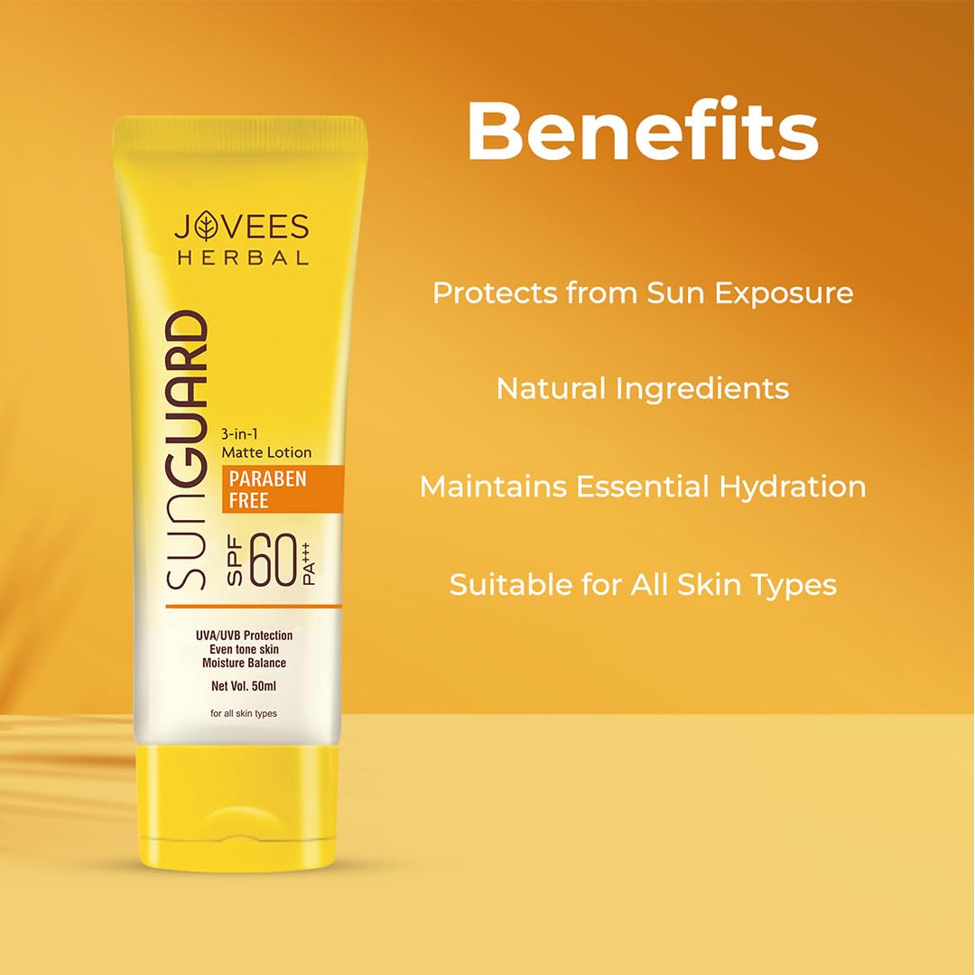 Jovees Herbal Sun Guard Lotion SPF 60 Pa+++ Broad Spectrum For All Skin | 3 in 1 Matte Lotion UVA/UVB Protection, Moisture Balance, Even Tone Skin For Women/Men 50ml (Pack of 2)