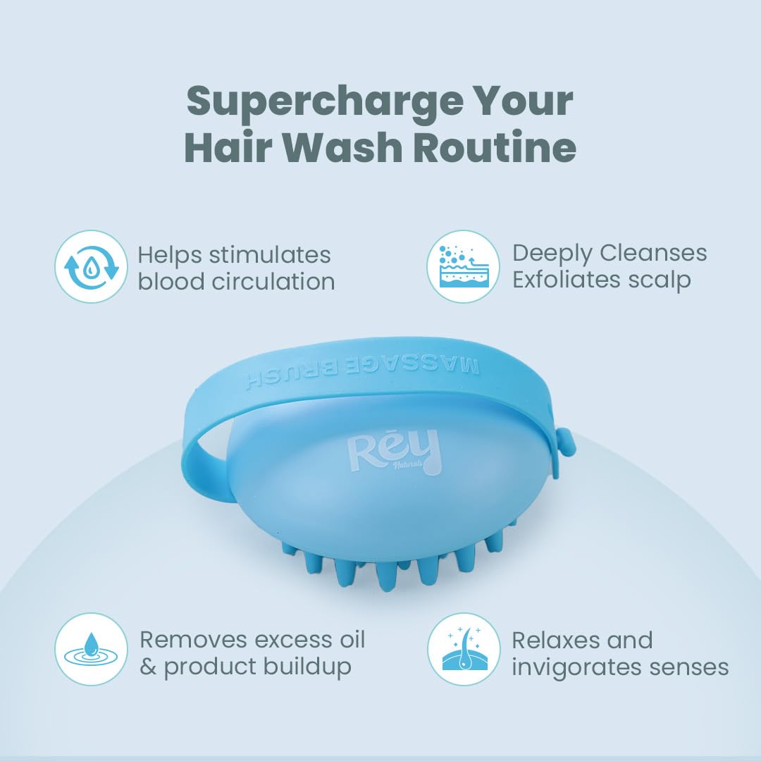 Rey Naturals Hair Scalp Massager | Shampoo & Hair Oil Brush for Men and Women | Hair Growth, Scalp Care and Relaxation | Oil Massager For Scalp | Soft Silicon Bristles for Gentle Massage | Blue