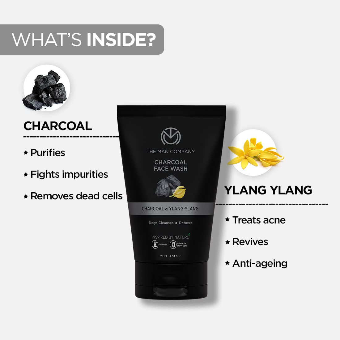 The Man Company Charcoal Face Wash (Buy 1 Get 1 Free) -75ml Each | Ylang Ylang | Anti Pollution, Acne Oil Control | Deep Cleansing | Blackheads Removal | All Skin Types
