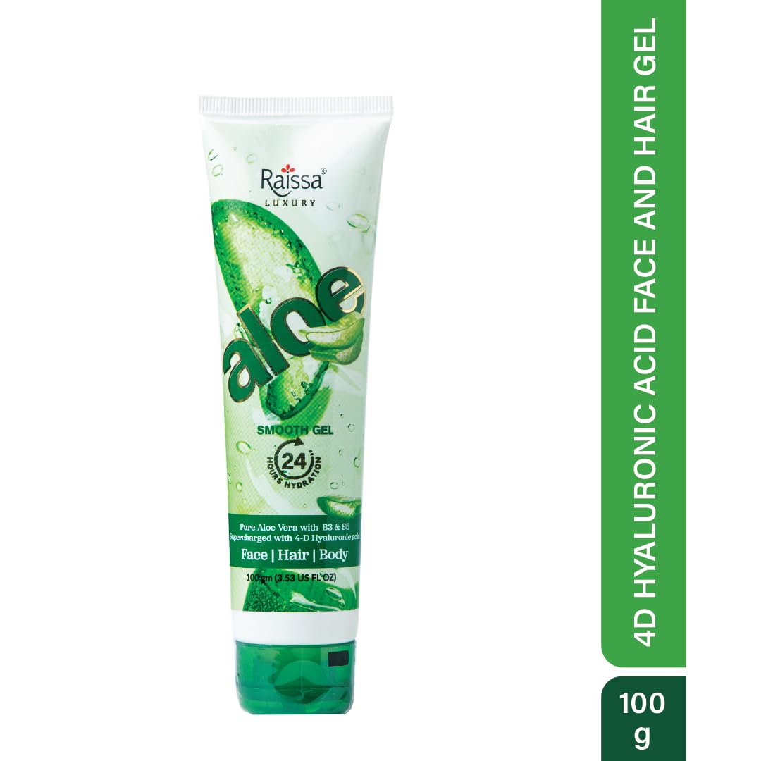 Raissa 4D Hyaluronic Acid Gel | 100% Pure Aloe Vera Gel 100g | Infused with 4D Hyaluronic Acid, Niacinamide & D-Panthenol | For Face, for Body & for Hair |