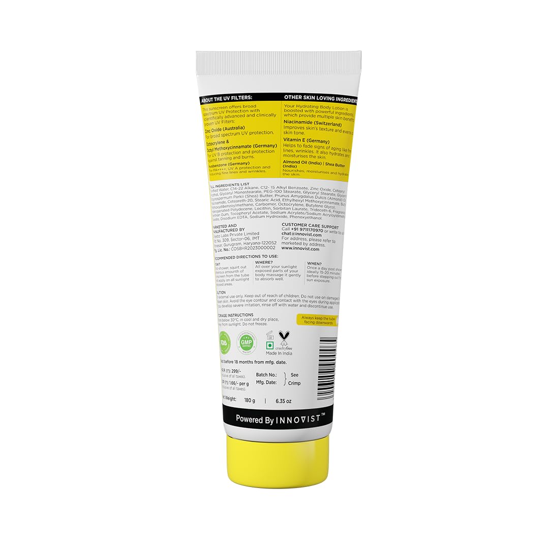 Sunscoop Hydrating Body Lotion SPF 30 PA+++ | UVA & UVB Protection | Moisturization | Niacinamide for even skin tone | Vitamin E for nourishment | Suits All Skin Types | 180gms