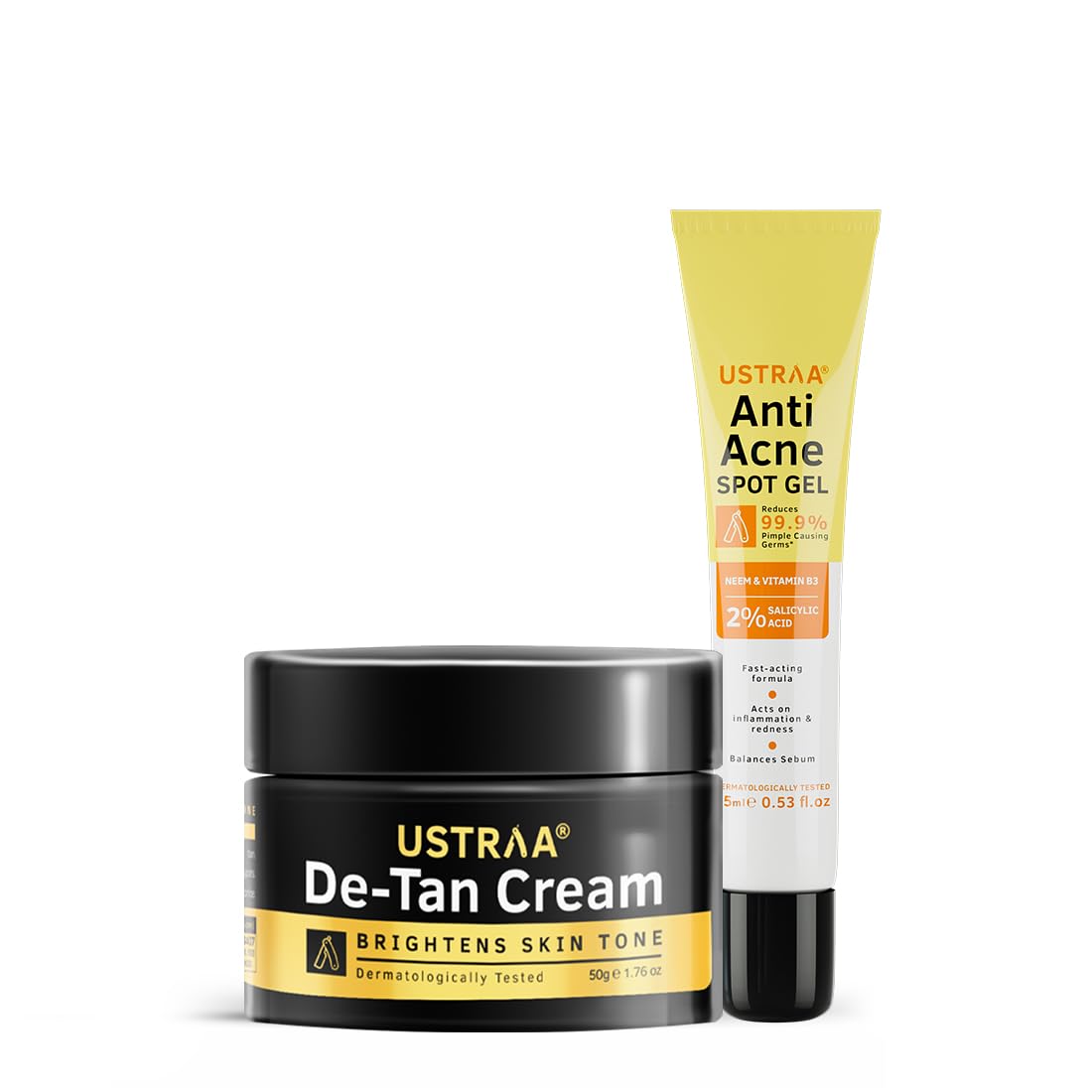 Ustraa De-Tan Cream For Men - 50 g | Effective Tan Removal | Even Skin tone, Prevents Dark Spots & Anti-Acne Spot Gel - 15 ml | Reduces 99.9% Pimple-Causing Germs | With Neem & 2% Salicylic Acid