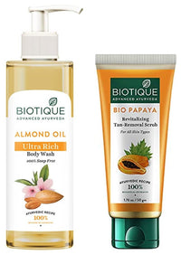 Biotique Bio Papaya Revitalizing Tan Removal Scrub, 50g And Biotique Almond Oil Ultra Rich Body Wash, Botanical Extracts, 200 ml