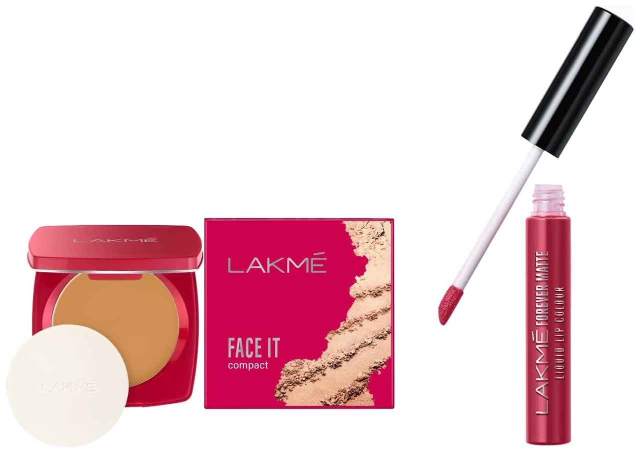 LAKMÉ Faceit Compact Natural Cinnamon & Lakmé Lipstick Red Candy (Matte), 2 Count