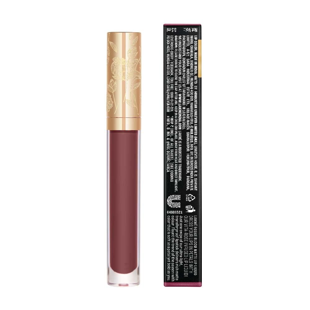 Lakmé Rouge Bloom Matte Lip Liquid, Matte Finish, longlasting for up to 14 hours, quick drying & transfer-proof, infused with vita rose for smooth & moisturised lips - Mocha Maiden