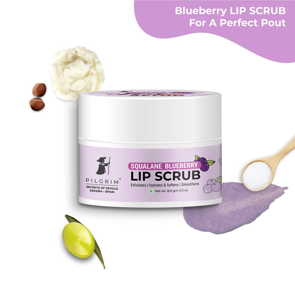 Pilgrim Squalane Lip Scrub (Pack of 2 Blueberry) for Women & Men for Smooth Lips |Lip Scrub for Dark Lips |Lip Scrub with Sugar & Shea Butter for gentle exfoliation, hydrated, smooth & soft lips.