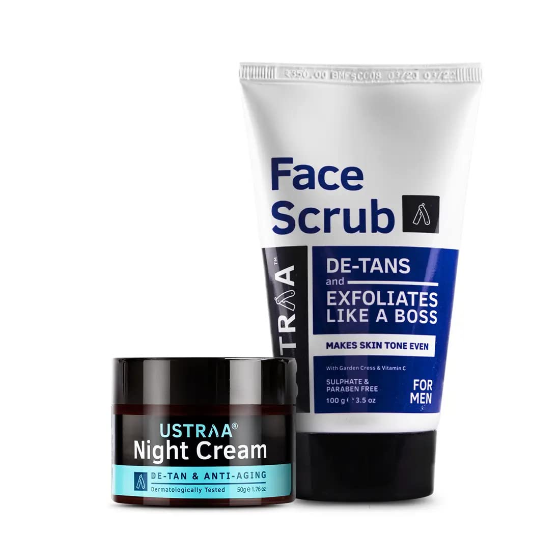 Ustraa Night Cream - De-Tan & Anti-aging cream for Men-50g | Dermatologically Tested | No Mineral Oil & De-Tan Face Scrub for Men, 100g | Exfoliation & Effective Tan Removal | No Sulphates