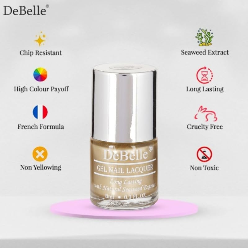 DeBelle Gel Nail Polish Chrome Gold (Metallic Gold Nail Paint)|Non UV - Gel Finish |Chip Resistant | Seaweed Enriched Formula| Long Lasting|Cruelty and Toxic Free| 8ml