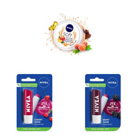 NIVEA Soft Light Moisturizer Cream, Playful Peach, with Vitamin E & Jojoba Oil for Face, Hands and Body 100 ml & NIVEA Lip Balm, Fruity Cherry Shine, 4.8g & NIVEA Lip Balm, Fruity Berry Shine, 4.8g