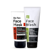 Ustraa De-Tan Face Mask Oily Skin - 125g - Effectively Removes Tan & Pollutants | White Charcoal & French Clay & Face Wash Acne Control - With Neem & Charcoal - 200g - Oil control, Prevents Acne