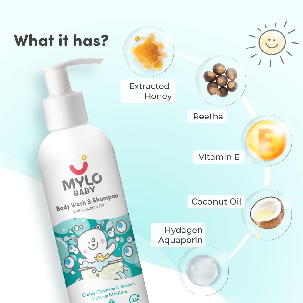 Mylo Baby Body Wash and Shampoo 200 ml | Gentle Cleansing Head-to-Toe | Tear Free Formulation | Made Safe Certified | Dermatologically Tested