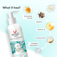 Mylo Baby Body Wash and Shampoo 200 ml | Gentle Cleansing Head-to-Toe | Tear Free Formulation | Made Safe Certified | Dermatologically Tested