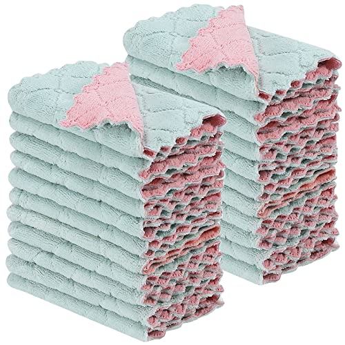 Rachan 11Pack Kitchen Dish Cloths, Reusable Dish Towels, Nonstick Oil Washable Fast Drying, Super Absorbent Coral Velvet Cleaning Cloths for Cleaning Tableware, Kitchen, Bathroom (Pink - green10 x 6")